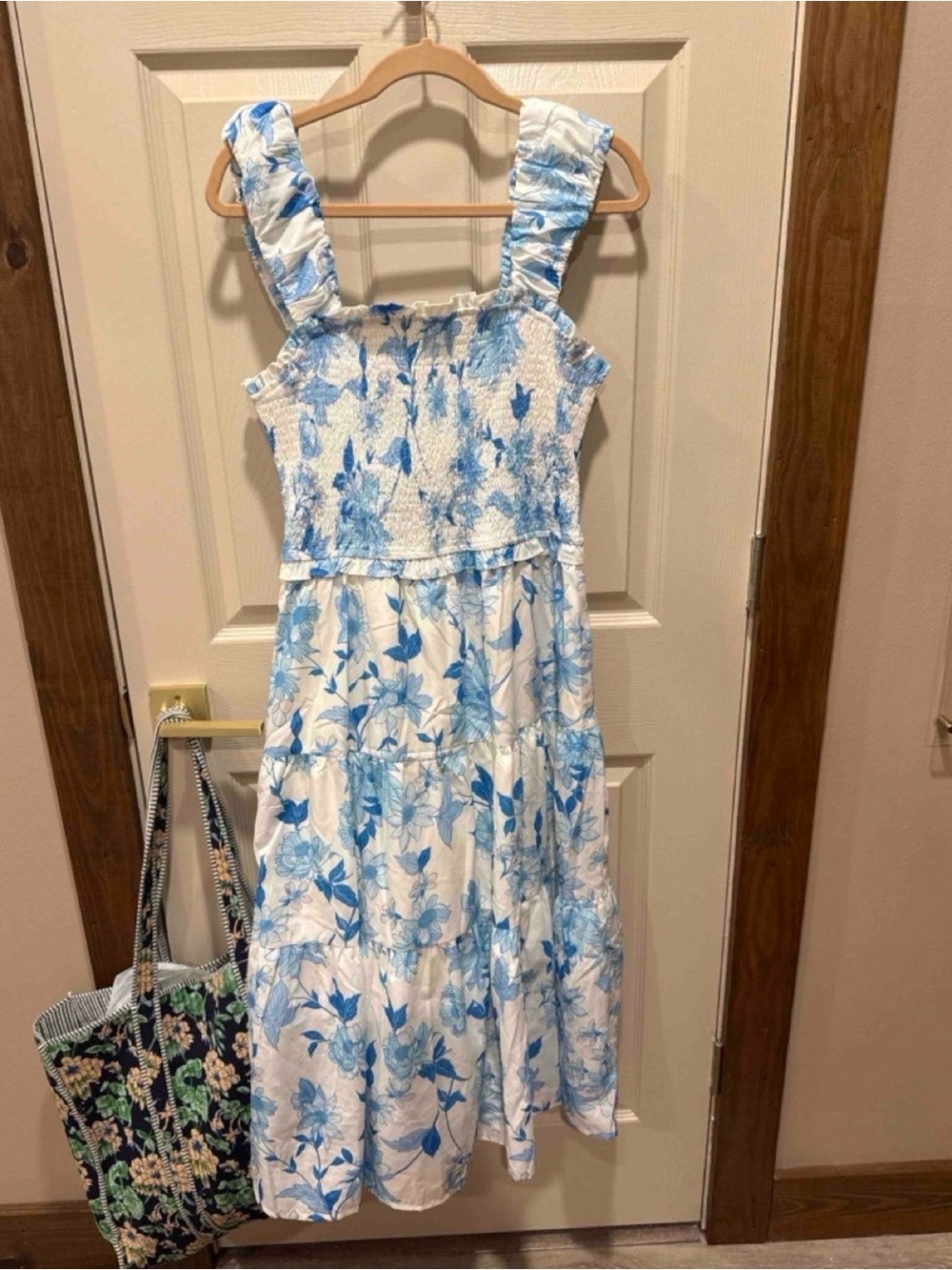 Blue Floral Smocked Midi Dress with Ruffle Straps